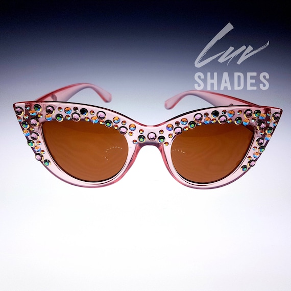 Oversized Swarovski Cat Eye Sunglasses, Tea Rose Colour Frame With Pink,  Peach, Gold/peacock Green Stones, Icy Blue Iridescent Crystals. - Etsy