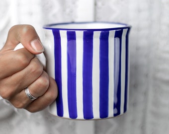 Stoneware Coffee Mug | Large Coffee Mug | Cute Mug | Navy Blue Stripe, EXTRA LARGE Mug, Handmade Pottery Unique Coffee Mug Tea Lovers Gift