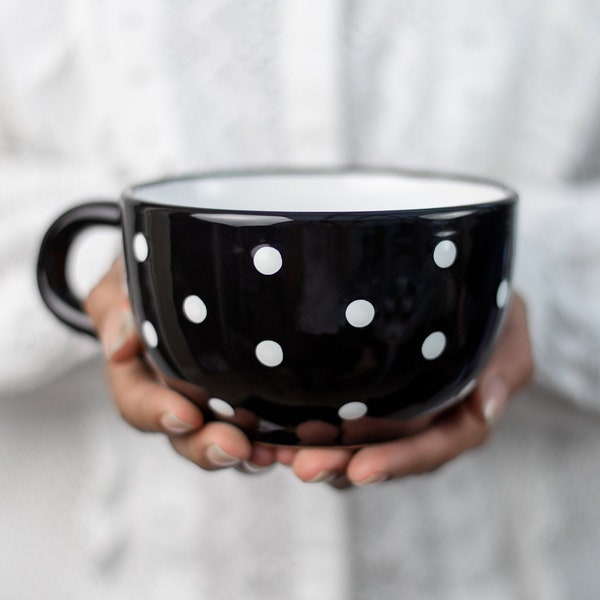 Large Coffee Mug | Pottery Soup Mug | Stoneware Coffee Mug, Black and White Polka Dot, EXTRA LARGE Mug, Handmade Ceramic Cute Mug