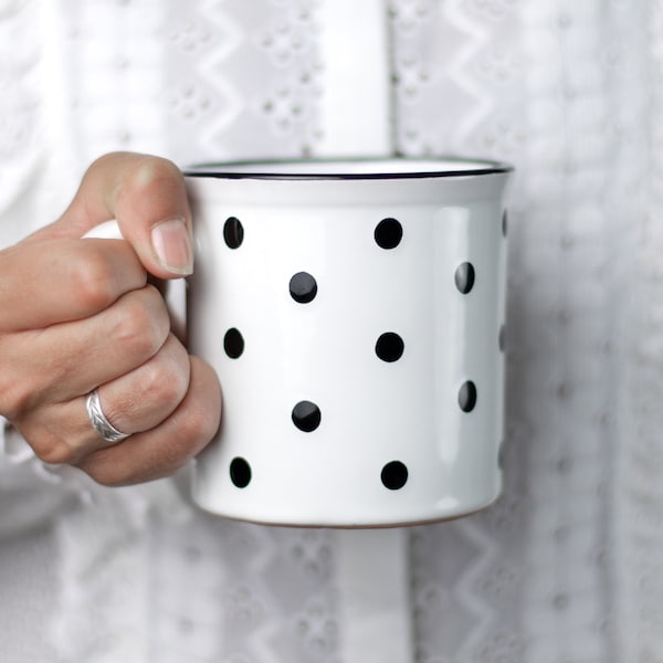 Stoneware Coffee Mug | Large Coffee Mug | Cute Mug | White Polka Dot EXTRA LARGE Mug, Handmade Pottery Unique Coffee Mug Tea Lovers Gift