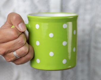 Handmade Stoneware Coffee Mug | Lime Green Polka Dot, EXTRA LARGE 17.5oz
