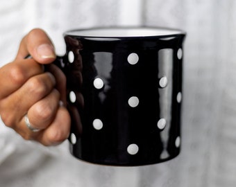 Stoneware Coffee Mug | Large Coffee Mug | Cute Mug | Black Polka Dot EXTRA LARGE Mug, Handmade Pottery Unique Coffee Mug Tea Lovers Gift