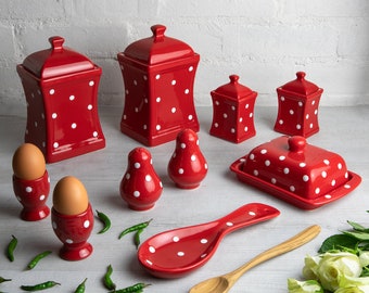 Red Kitchen Set | Canisters, Spice Jars, Butter Dish, Cruet Set, Spoon Holder, Egg Cups, Handmade Ceramic White Polka Dot Set of 10