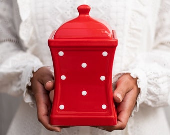 Red Cookie Jar | Kitchen Canister, Decorative Ceramic Handmade White Polka Dot Pottery Tea Coffee Sugar Canister, Housewarming Gift