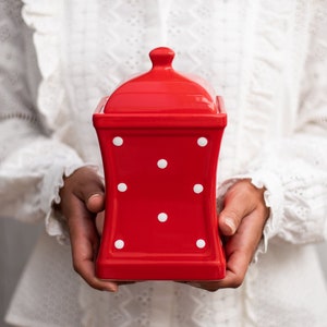 Red Cookie Jar | Kitchen Canister, Decorative Ceramic Handmade White Polka Dot Pottery Tea Coffee Sugar Canister, Housewarming Gift