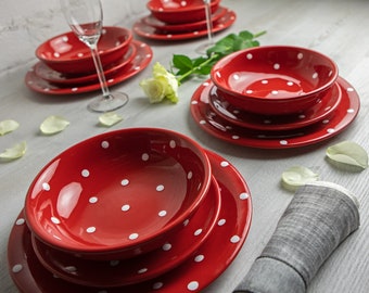 Dinnerware Set | Pottery Dinnerware | Handmade Ceramic Red and White Polka Dot Tableware Set for 4, Housewarming Gift Dinner Set