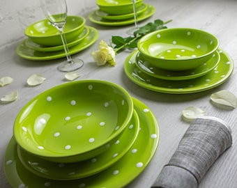 Dinnerware Set | Pottery Dinnerware | Handmade Ceramic Lime Green and White Polka Dot Tableware Set for 4, Housewarming Gift Dinner Set