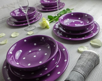 Dinnerware Set | Pottery Dinnerware | Handmade Ceramic Purple and White Polka Dot Tableware Set for 4, Housewarming Gift Dinner Set