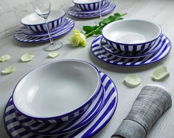 Dinnerware Set | Pottery Dinnerware | Handmade Ceramic Navy Blue Stripe Tableware Set for 4, Housewarming Gift Dinner Set