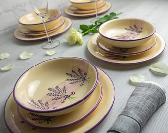 Dinnerware Set | Pottery Dinnerware | Handmade Ceramic Purple Lavender Floral Tableware Set for 4, Housewarming Gift Dinner Set