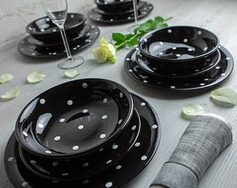Dinnerware Set | Pottery Dinnerware | Handmade Ceramic Black and White Polka Dot Tableware Set for 4, Housewarming Gift Dinner Set
