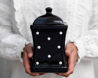 Schwarze Keksdose | Küchenkanister, dekorative keramische handgemachte weiße Tupfenkeramik-Teekaffee-Zuckerkanister, Housewarminggeschenk