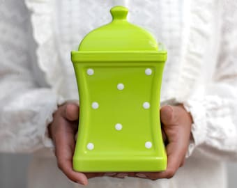 Green Cookie Jar | Kitchen Canister, Decorative Ceramic Handmade White Polka Dot Pottery Tea Coffee Sugar Canister, Housewarming Gift