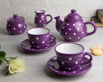 Purple Ceramic Tea Set, Handmade Teapot SET for TWO, Teapot, Milk Jug, Sugar Bowl, 2 Teacups & Saucers, White Polka Dot Pottery