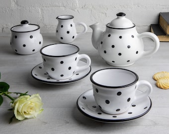 White Ceramic Tea Set, Handmade Teapot SET for TWO, Teapot, Milk Jug, Sugar Bowl, 2 Teacups & Saucers, Black Polka Dot Pottery