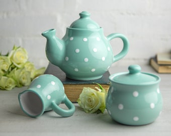 Teal Ceramic Tea Set, Handmade Teapot Set, SMALL Teapot, Milk Jug, Sugar Bowl Set, Stoneware Pottery with White Polka Dot