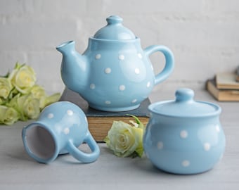 Blue Ceramic Tea Set, Handmade Teapot Set, SMALL Teapot, Milk Jug, Sugar Bowl Set, Stoneware Pottery with White Polka Dot