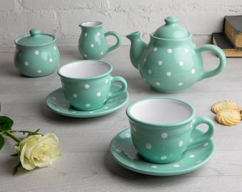 Teal Blue Ceramic Tea Set, Handmade Teapot SET for TWO, Teapot, Milk Jug, Sugar Bowl, 2 Teacups & Saucers, White Polka Dot Pottery