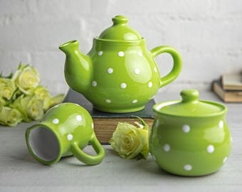 Green Ceramic Tea Set, Handmade Teapot Set, SMALL Teapot, Milk Jug, Sugar Bowl Set, Stoneware Pottery with White Polka Dot
