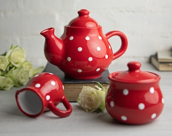 Red Ceramic Tea Set, Handmade Teapot Set, SMALL Teapot, Milk Jug, Sugar Bowl Set, Stoneware Pottery with White Polka Dot