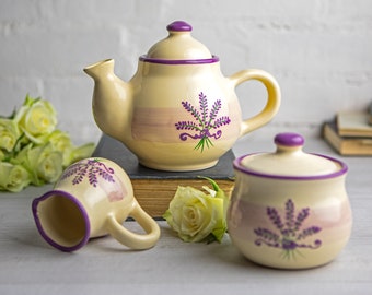 Ceramic Tea Set, Handmade Teapot Set, SMALL Teapot, Milk Jug, Sugar Bowl Set, Stoneware Pottery, Purple Lavender Floral