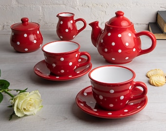Red Ceramic Tea Set, Handmade Teapot SET for TWO, Teapot, Milk Jug, Sugar Bowl, 2 Teacups & Saucers, White Polka Dot Pottery