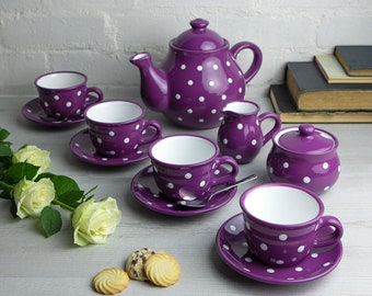 Purple Ceramic Tea Set, Teapot SET for FOUR, Large Teapot, Milk Jug, Sugar Bowl and 4 Teacups & Saucers, Handmade Polka Dot Pottery