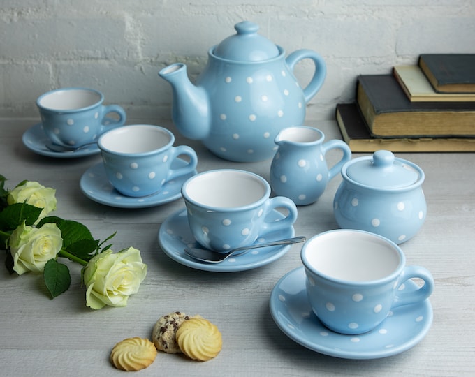 Blue Ceramic Tea Set, Teapot SET for FOUR, Large Teapot, Milk Jug