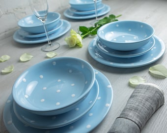 Dinnerware Set | Pottery Dinnerware | Handmade Ceramic Sky Blue and White Polka Dot Tableware Set for 4, Housewarming Gift Dinner Set