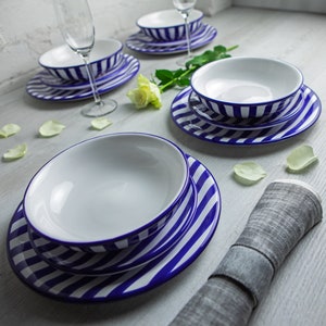 Dinnerware Set | Pottery Dinnerware | Handmade Ceramic Navy Blue Stripe Tableware Set for 4, Housewarming Gift Dinner Set