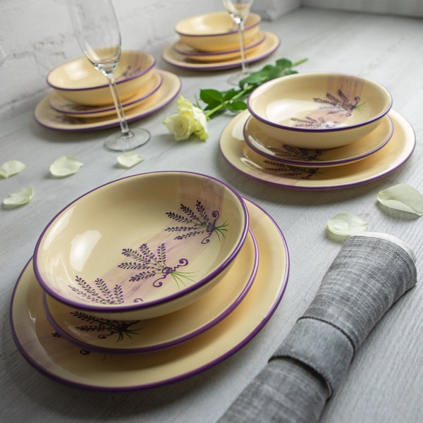 Dinnerware Set | Pottery Dinnerware | Handmade Ceramic Purple Lavender Floral Tableware Set for 4, Housewarming Gift Dinner Set