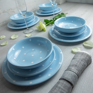 Dinnerware Set | Pottery Dinnerware | Handmade Ceramic Sky Blue and White Polka Dot Tableware Set for 4, Housewarming Gift Dinner Set