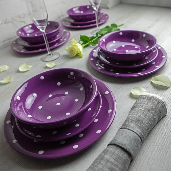 Dinnerware Set | Pottery Dinnerware | Handmade Ceramic Purple and White Polka Dot Tableware Set for 4, Housewarming Gift Dinner Set