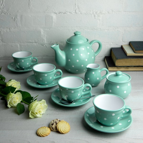Teal Blue Ceramic Tea Set, Teapot SET for FOUR, Large Teapot, Milk Jug, Sugar Bowl and 4 Teacups & Saucers, Handmade Polka Dot Pottery
