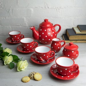 Red Ceramic Tea Set, Teapot SET for FOUR, Large Teapot, Milk Jug, Sugar Bowl and 4 Teacups & Saucers, Handmade Polka Dot Pottery