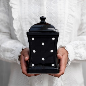 Black Cookie Jar | Kitchen Canister, Decorative Ceramic Handmade White Polka Dot Pottery Tea Coffee Sugar Canister, Housewarming Gift