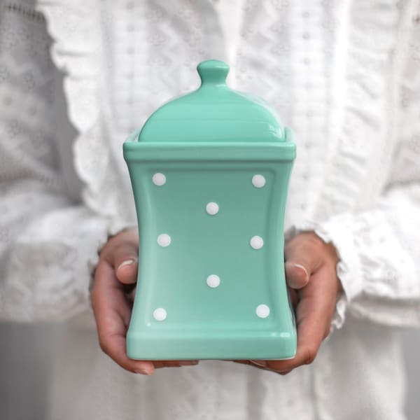 Teal Cookie Jar | Kitchen Canister, Decorative Ceramic Handmade White Polka Dot Pottery Tea Coffee Sugar Canister, Housewarming Gift