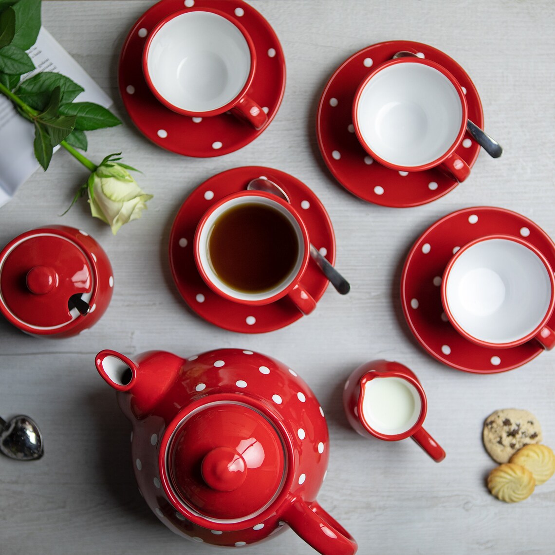 Red Ceramic Tea Set Teapot SET for FOUR Large Teapot Milk Etsy