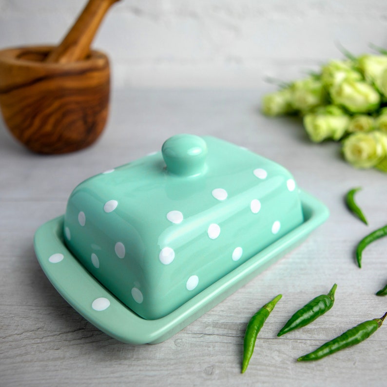 Teal Covered Butter Dish with Lid, Ceramic Butter Keeper, European Style White Polka Dot, Stoneware Handmade Pottery, Housewarming Gift image 3