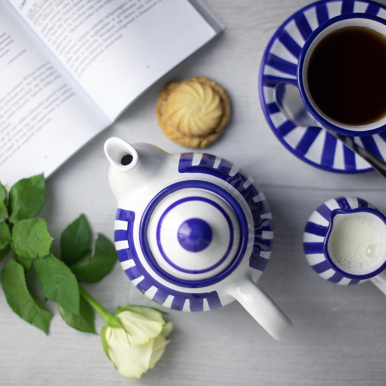 Ceramic Teapot, Handmade Pottery Tea Pot, for 1-2 CUP Navy Blue Stripe, Unique Stoneware, Coastal Housewarming Gift for Tea Lovers image 3