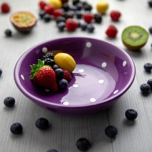 Soup Bowl | Fruit Bowl | Ramen Bowl, Ceramic Handmade Purple and White Polka Dot Stoneware Pottery Cereal Bowl, Christmas Gift