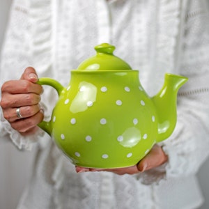 Green Ceramic Teapot, Handmade Pottery Tea Pot, Extra Large with White Polka Dot, Unique Stoneware, Housewarming Gift for Tea Lovers