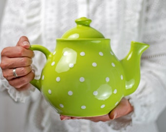 Handmade Green Ceramic Teapot, White Polka Dot Stoneware, 60oz
