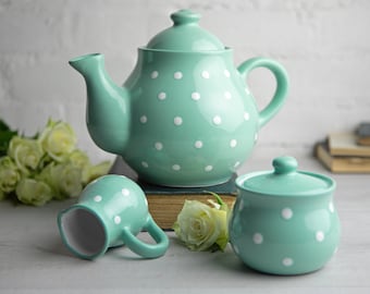 Teal Ceramic Tea Set, Teapot Set, LARGE Teapot, Milk Jug, Sugar Bowl Set, Handmade Stoneware Pottery with White Polka Dot