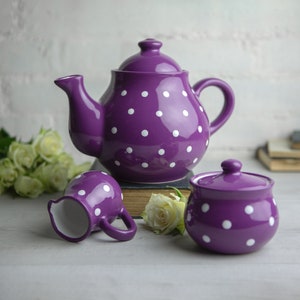 Purple Ceramic Tea Set, Teapot Set, LARGE Teapot, Milk Jug, Sugar Bowl Set, Handmade Stoneware Pottery with White Polka Dot image 1