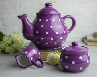 Purple Ceramic Tea Set, Teapot Set, LARGE Teapot, Milk Jug, Sugar Bowl Set, Handmade Stoneware Pottery with White Polka Dot