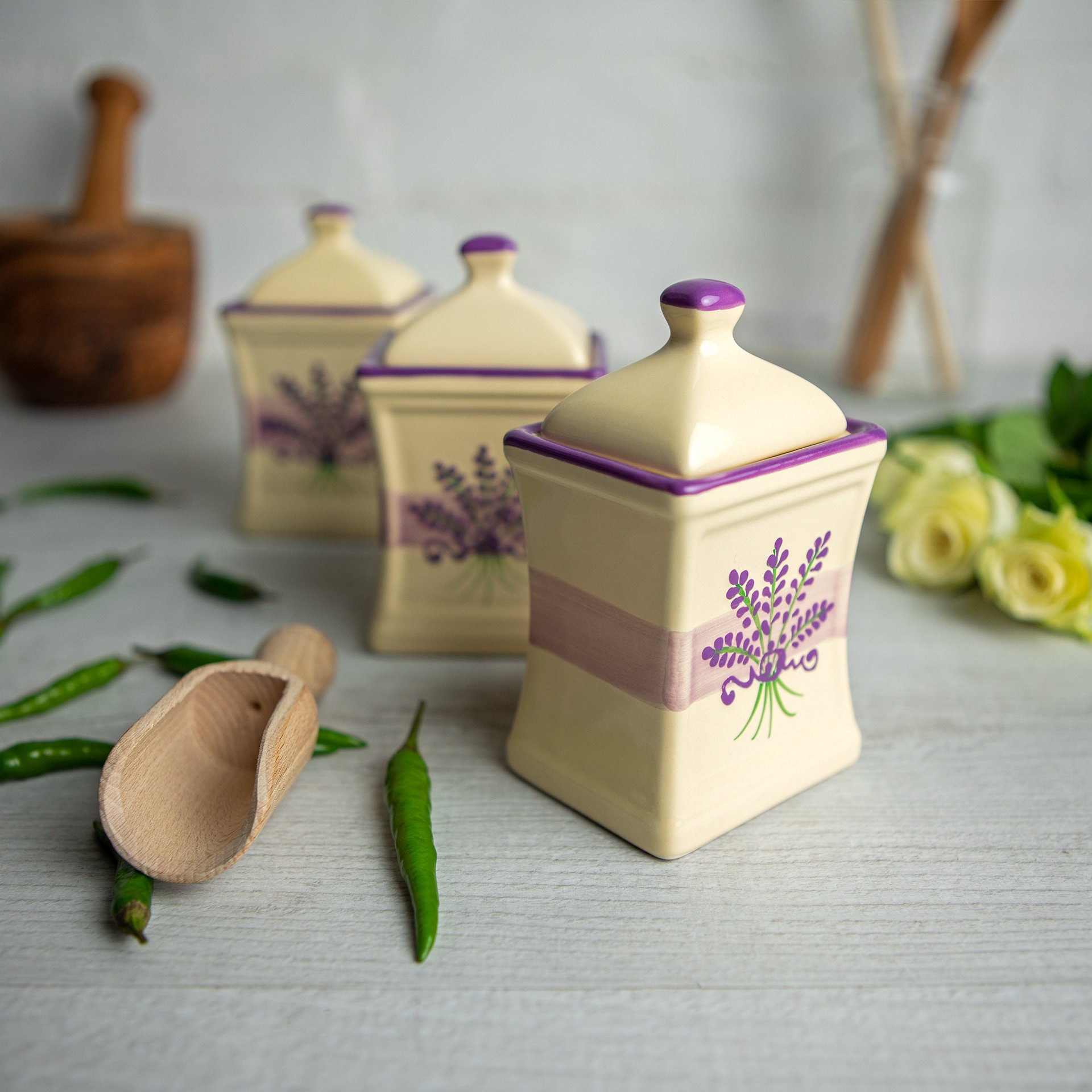 Handmade Lavender Floral Spice Jars | Ceramic Kitchen Canisters - Etsy