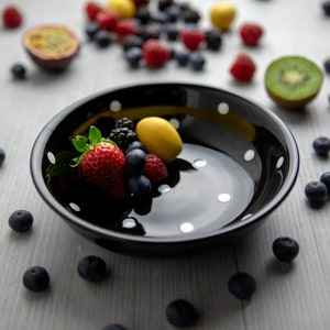 Soup Bowl | Fruit Bowl | Ramen Bowl, Ceramic Handmade Black and White Polka Dot Stoneware Pottery Cereal Bowl, Christmas Gift