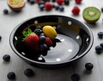 Bol à soupe fait main en céramique | Poterie noire et blanche à pois