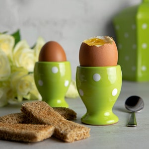 Egg Holder | Egg Cup Set | Ceramic Egg Holder, Lime Green & White Polka Dot Pottery Egg Cup Holder SET OF TWO, Housewarming, Christmas Gift